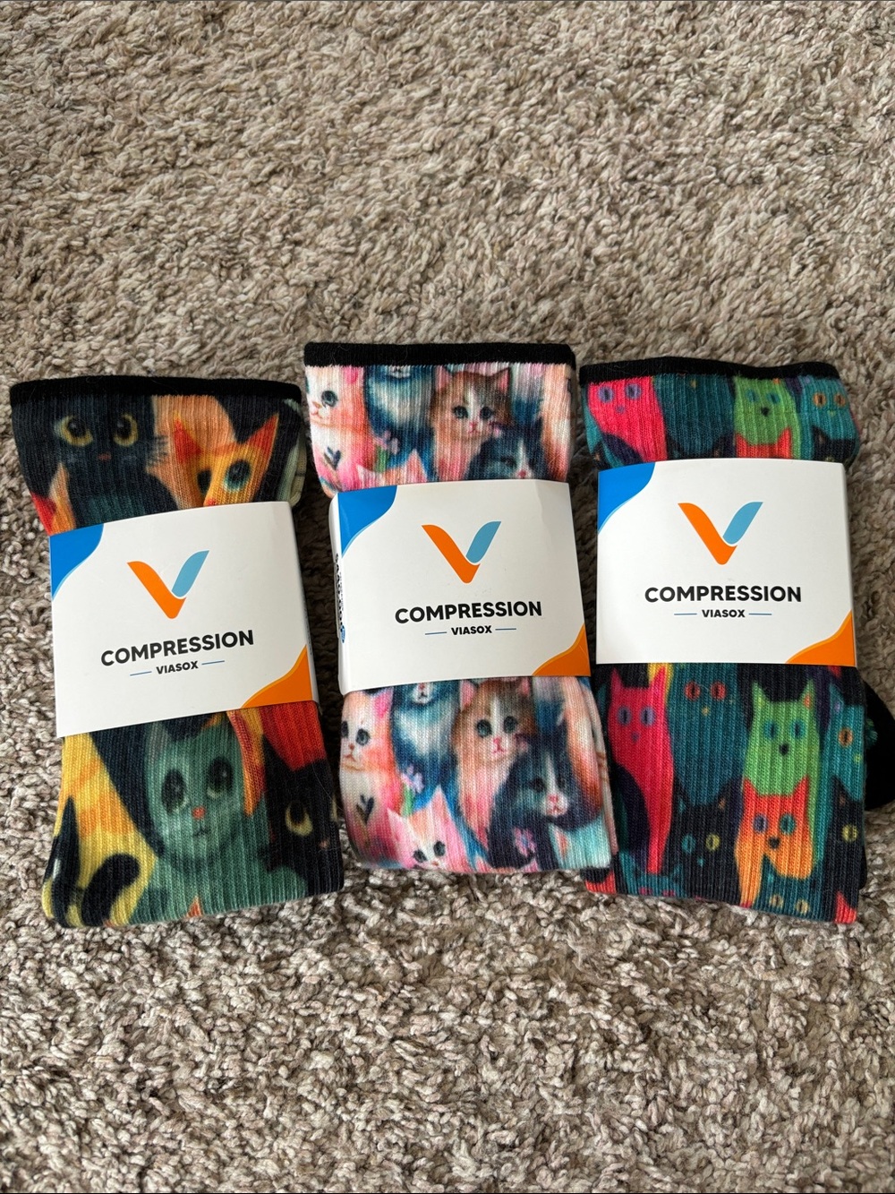 New Viasox Compression Socks - Multicolor Cat Prints